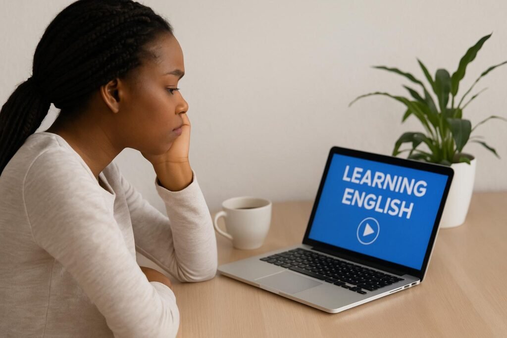 Junge Frau sitzt nachdenklich vor einem Laptop mit der Aufschrift „Learning English“ – Darstellung einer typischen Lernsituation im Selbststudium mit Fokus auf Phrasal Verbs in English.