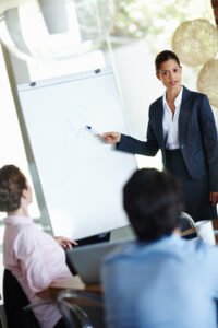 Business-Englisch-Training für Firmen: Englischlehrerin erklärt Mitarbeitenden am Whiteboard unternehmensrelevante Inhalte im professionellen Umfeld.
