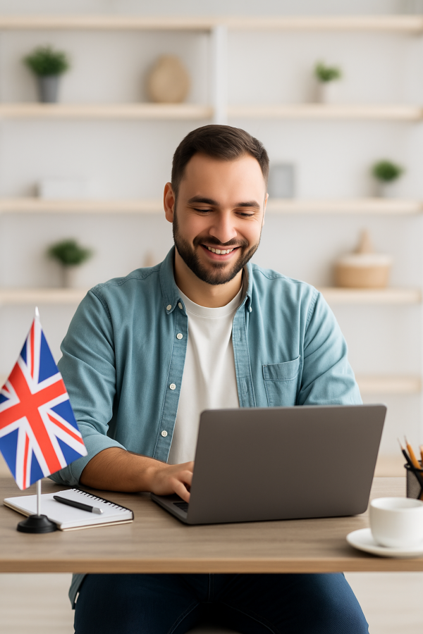 Business Englisch für Unternehmen Junger Mann beim Englischunterricht für Firmen – arbeitet konzentriert am Laptop mit britischer Flagge auf dem Schreibtisch in moderner Büroumgebung