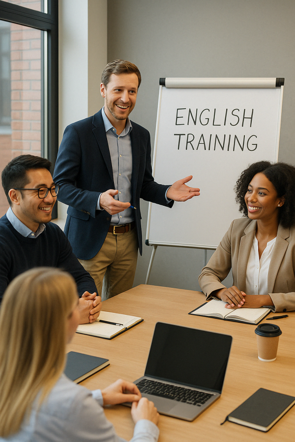 Englischkurse für Firmen Teilnehmende eines Englischkurses für Firmen sitzen gemeinsam mit einem Trainer im Besprechungsraum und nehmen aktiv am Live-Unterricht teil.